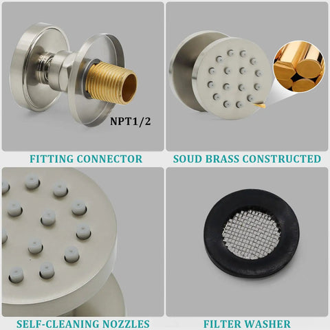 Six Pack Round Brass Shower Body Spray Jets With Brushed Nickel Finish for Spa Like Massage Showerhead Kit features