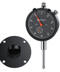 Neoteck dial indicator gauge, 1in travel, metal case; black dial with red needle, mounted on a stand
