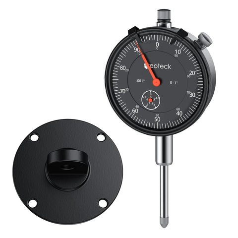 Neoteck dial indicator gauge, 1in travel, metal case; black dial with red needle, mounted on a stand