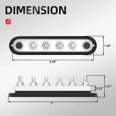 Top Shelf 300 Amp Power Distribution Block 6 Post 5/16 Inch Bus Bar With Secure Fit Cover For Marine Auto Solar Setup dimensions measured, 6.49" x 1.49" x 0.23".