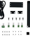 Accessories for 4-Input 1-Output Pro Audio Mixer, 1U Rackmount, Fanless Design with Euroblock Mic Line I/O, RCA inputs, screws, and brackets