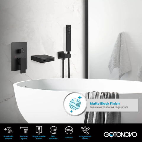 Matte Black Waterfall Bathtub Faucet With Handheld Shower, Wall Mounted Rough In Valve, Tub Filler Spout, And Solid Brass Tub Sprayer