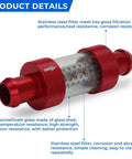 3/4 Inch Universal Inline Coolant Filter For Heater Core Red with stainless steel and glass components, detailed view