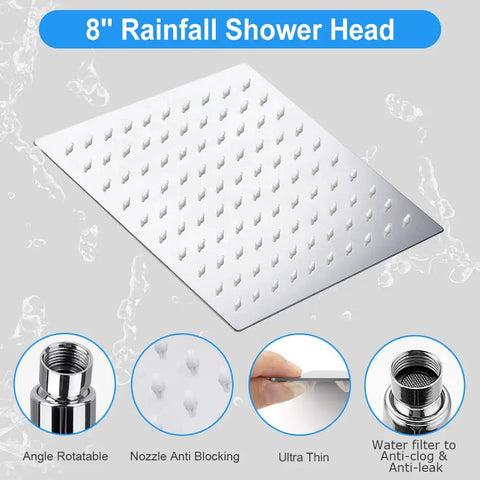 8 Inch High Pressure Rainfall Shower Head and Handheld Combo With 11 Inch Extension Arm No Leak Chrome Shower Set close-up