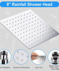 8 inch square rainfall shower head with anti-leak design, showcasing features like angle rotatable, nozzle anti blocking.