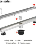 Image showing accessories for 32 Inch Linear Shower Drain With Tiled Insert, 304 Stainless Steel Brushed Finish, 2 Inch Outlet, Adjustable Feet.