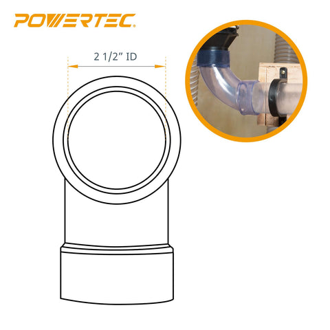 2.5 inch elbow connector from All In One Two And A Half Inch Dust Collection Fittings Network With Reducer Blast Gates Three Foot Pipes Y Fittings Ninety Degree Elbow Connector And Mounting Brackets Heavy Duty Shop Dust Collection Kit showing diameter measurement and installation example.