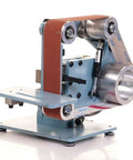 Heavy Duty Electric Belt Sander And Bench Polishing Grinder, Broad 915 By 50 Mm Sanding Belt, side view of machine with sanding belt.