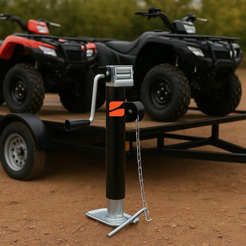 Heavy Duty Weld On Side Wind Trailer Jack With 5000 Lb Capacity And Adjustable Drop Leg For RV Camper Utility Trailer Stabilization, close-up view with trailer.