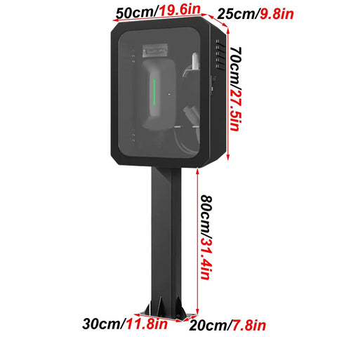 Tough As Nails Wall Mount Ev Charger Enclosure With Mechanical Lock And Translucent Tempered Glass Panel Crafted From Cold Rolled Steel For Heavy Duty Drainage And Quick Heat Release In Large Size, shown front view with dimensions.