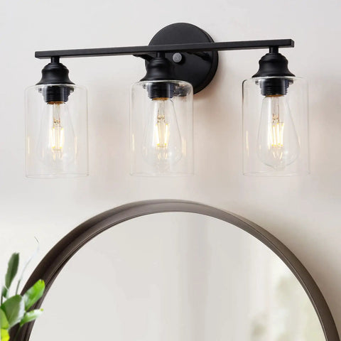 Black 3 Light Vanity Light Fixture Set With Clear Glass Shades Modern Farmhouse Bathroom Lighting Over Mirror Sleek Black Vanity Lights
