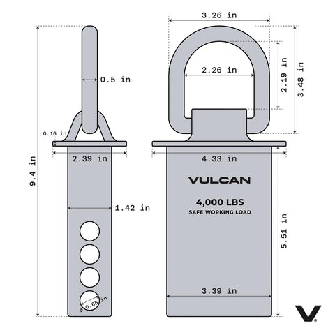 Technical diagram of Silver Stake Pocket D Ring Assembly Set for Trailers, showing measurements and safe working load capacity.