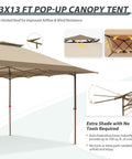 One Person Pop Up Canopy Tent With Instant Setup And Auto Extending Eaves 13 By 13 Foot Frame 169 Square Feet Of Shade Beige