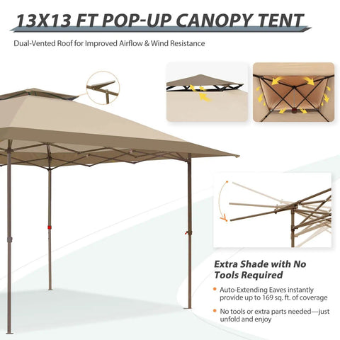 One Person Pop Up Canopy Tent With Instant Setup And Auto Extending Eaves 13 By 13 Foot Frame 169 Square Feet Of Shade Beige