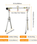 Heavy Duty Aluminum Gantry Crane Setup Boasting Slick 360 Spin Arm Quick Height Tweaks And No Sweat Rolling Casters dimensions labeled.