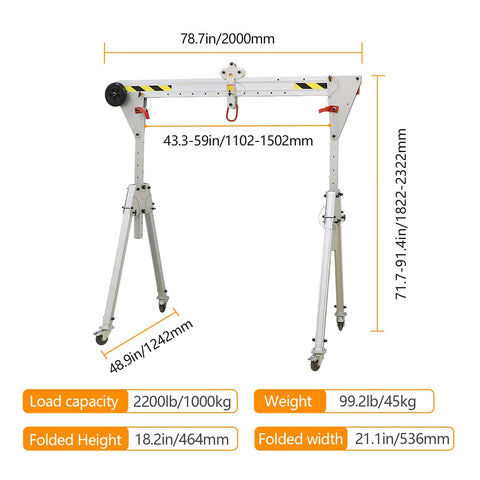 Heavy Duty Aluminum Gantry Crane Setup Boasting Slick 360 Spin Arm Quick Height Tweaks And No Sweat Rolling Casters dimensions labeled.
