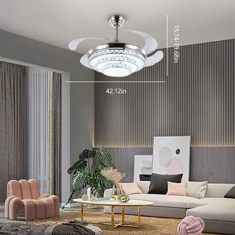 Dope Modern K9 Crystal Ceiling Fan With Lights And Remote in living room, 42in diameter, LED chandelier, retractable acrylic blades.