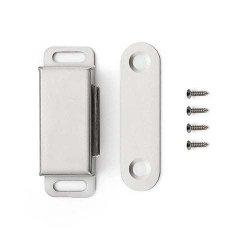 Front view of 4 Pack Silver Magnetic Door Catch Set For Cabinets, Drawers And Cupboards, Brushed Satin Nickel Finish, screws included.