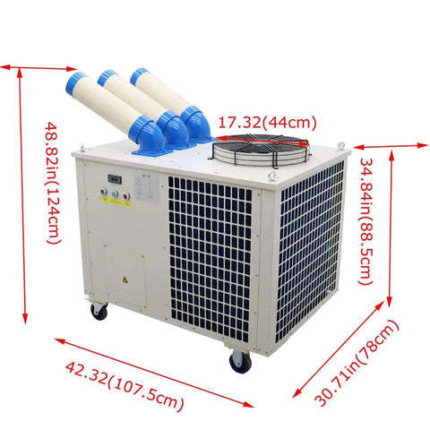 Heavy Duty Industrial Air Conditioner, Massive 220V Outdoor Evaporative Cooler with three ducts and roller wheels.