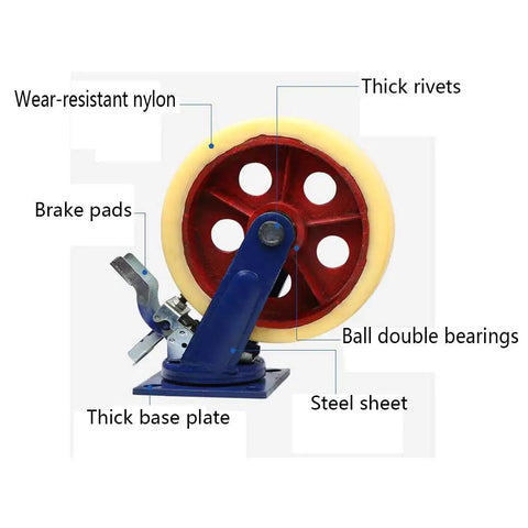 Beefy Heavy Duty Caster Wheel With Iron Core And Nylon Wheel Brake Equipped Universal Cart Wheel 1000kg Load Capacity