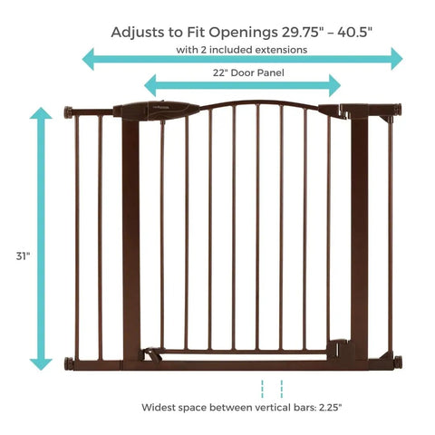 Stone Arch Auto Close Baby Gate For Doorways Bronze Metal Safety Gate 31 inches tall adjustable width with measurements
