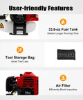 Zero Sweat Cleanup With This Gutsy 52cc Two Stroke Gas Powered Walk Behind Lawn Sweeper showing fuel tank, tool bag, and air filter.