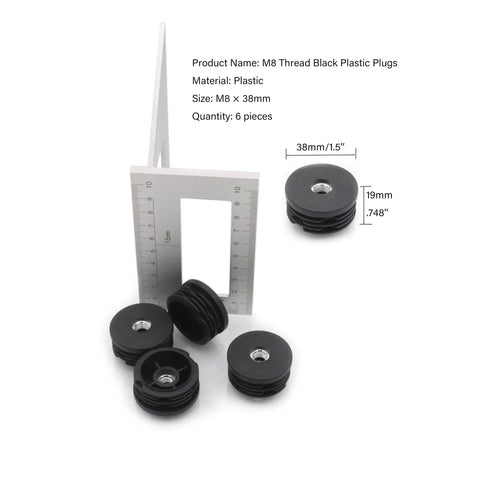 Six Pack 1.5 Inch Threaded Tube Plugs For Furniture Legs With M8 Screw Holes Black Plastic Round Nut Plugs next to measuring tool