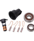Pro Grade Alternator Rebuild Kit With Beefed Up Slip Ring components including a slip ring, four heavy duty carbon brushes, and bearings.