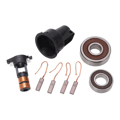 Pro Grade Alternator Rebuild Kit With Beefed Up Slip Ring components including a slip ring, four heavy duty carbon brushes, and bearings.