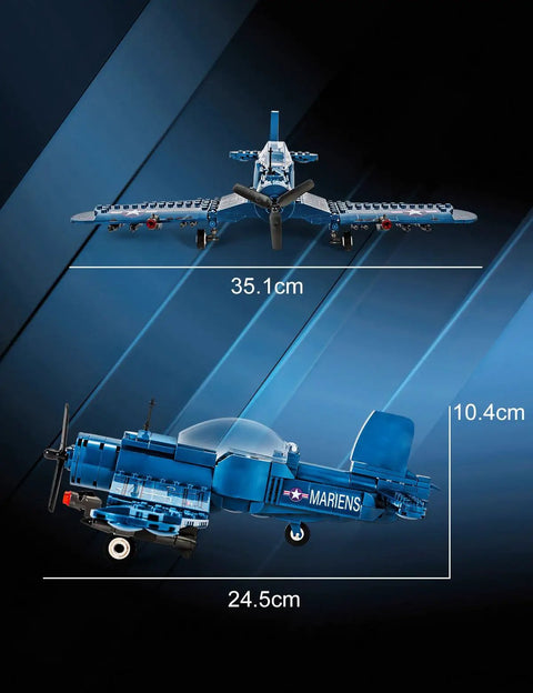F4U Corsair WW2 Fighter Jet Building Block Set With 440 Pieces model dimensions, showing measurements in cm