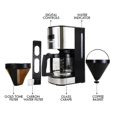 12 Cup Programmable Drip Coffee Maker With Glass Carafe No Mess Auto Shut Off Pause And Serve Large Water Reservoir Reusable Gold Tone Filter Carbon Filter Keeps Coffee Warm Black Kitchen Appliance