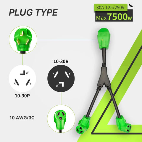 Heavy Duty 30 Amp NEMA 10-30 Dryer Splitter 3 Prong To Dual 10-30R Y Receptacle 26.5 Inch with plug type details