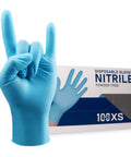 Heavy Duty Disposable Nitrile Gloves Large Size 4 Mil Thick 200 Pack Powder And Latex Free Food Safe Industrial Work Gloves in blue showing hand gesture.