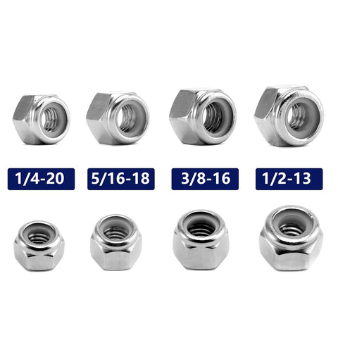 Beefy Nylon Insert Hex Lock Nuts Set 3/8-16, 100 Pcs, 304 Stainless Steel with bright finish, size comparison