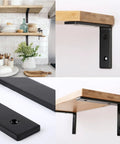 Top Notch Legit Heavy Duty L Shaped Floating Shelf Brackets on kitchen wall, matte black steel, supporting wood shelf.
