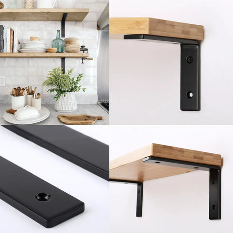 Top Notch Legit Heavy Duty L Shaped Floating Shelf Brackets on kitchen wall, matte black steel, supporting wood shelf.