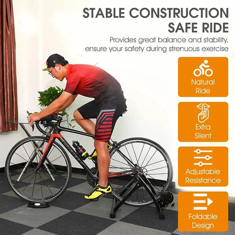 Cyclist using Indoor Bike Trainer With Magnetic Resistance Foldable Portable Turbo Trainer Stand for mountain and road bikes.