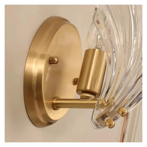 Crystal Wall Lights Living Room Bedroom Lamp Sconces Lighting - Shell Copper Light Fixture Corridor Decoration T-155 close-up of brass base and glass shade.
