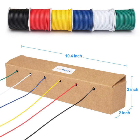 22 Gauge Stranded Hookup Wire Kit, 6 Color PVC Insulated, 26 Feet Per Roll, UL Listed, tinned copper wires in box with size labels