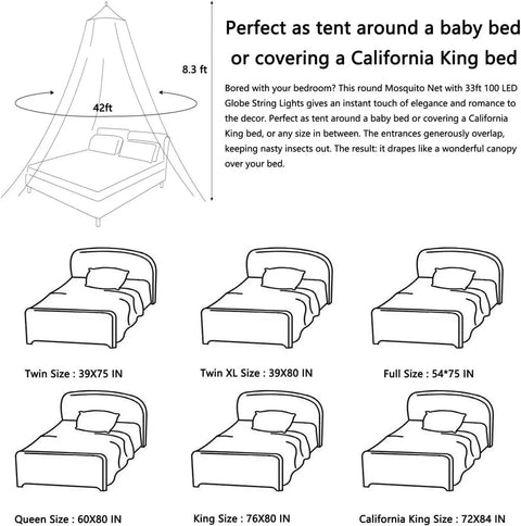 Diagram showing Ultra Fine Dome Mosquito Net Bed Canopy for Kids and Adults Ceiling Mounted White Princess Style Net Tent 300 Mesh