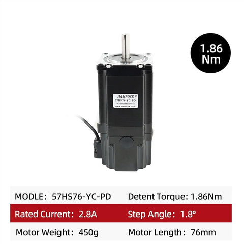 Front view of HANPOSE 57HS76-YC-PD Nema23 brake stepper motor, black housing, 76mm length, 1.86 Nm torque.
