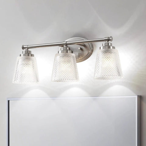 Three Light Bathroom Vanity Light Fixtures Over Mirror In Brushed Nickel Finish With Rustproof Design Modern Crystal Glass Shades Wall Sconces Elegant Oval Backplate For Bright Sleek Dope Bathroom Makeover