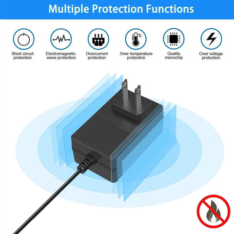 Black 12V Massager Charger Power Cord 2A DC Power Adapter with plug and cable, showing multiple protection features for safety.