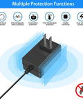 Universal 12V DC Power Supply Adapter With On Off Switch 2A Output 24W 5.9 Feet Cable 5.5 X 2.5 Mm Center Positive Plug AC 100-240V In Compatible With LED Light Strips DVD Players Routers CCTV Cameras Hard Drives And Other Gear, black adapter with protection icons