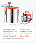 Front view: VEVOR 5-Gallon stainless vacuum chamber with orange acrylic lid and 3.5 CFM single-stage pump