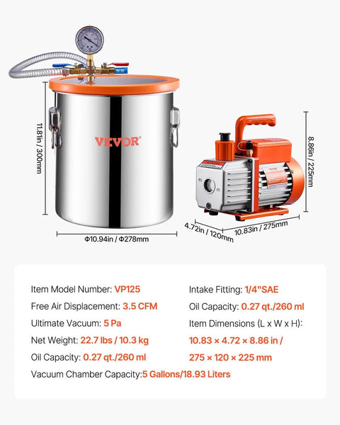 Front view: VEVOR 5-Gallon stainless vacuum chamber with orange acrylic lid and 3.5 CFM single-stage pump