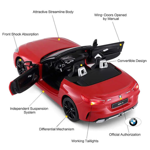 BMW Z4 1/14 Scale Remote Control Convertible Roadster In Red 2.4GHz RC Toy Car with manual wing doors open, detailed interior.