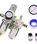 3/8 NPT Air Filter Regulator Lubricator Combo Piggyback Unit with gauge, fittings, and tape, 0-150 PSI Poly Bowl Semi Auto Drain system