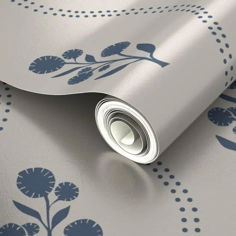 Kick Up Walls With Cottage Floral Blue And Silver Metallic Wallpaper Featuring Slick Fibrous Texture And Glamorous Shine, coiled roll detail.