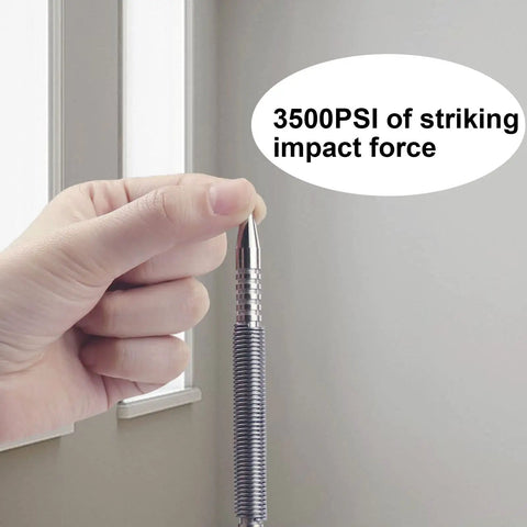 Close-up of Dual Head Nail Setter with Spring Loaded, Hammerless Design, showing 3500 PSI Striking Force in hand.